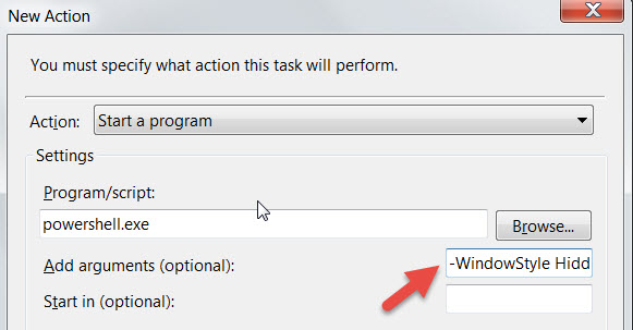 Windows Task Scheduler - New Action window showing PowerShell command configuration